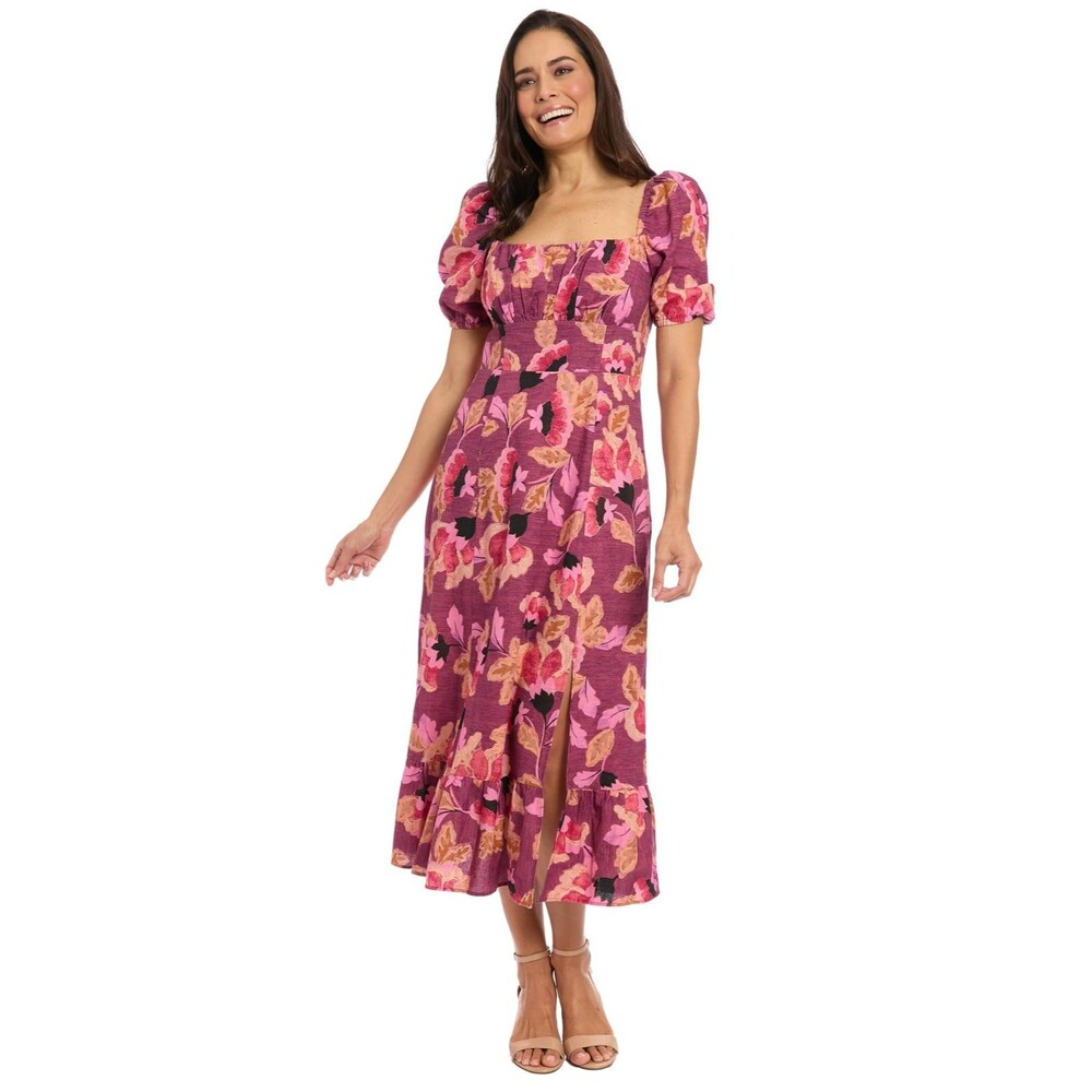 London Times Women's Square Neck Floral Midi Dress Puff Sleeve A-Line Size 4 NWT